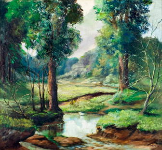 Vintage mid 20C American oil painting signed: ARTIST: - (American, mid 20 century) TITLE: Landscape MEDIUM: oil on canvas CONDITION: Some minor paint losses mostly along upper edge. No visible inpaint under UV light. ART SIZE: 27 x 30 inches