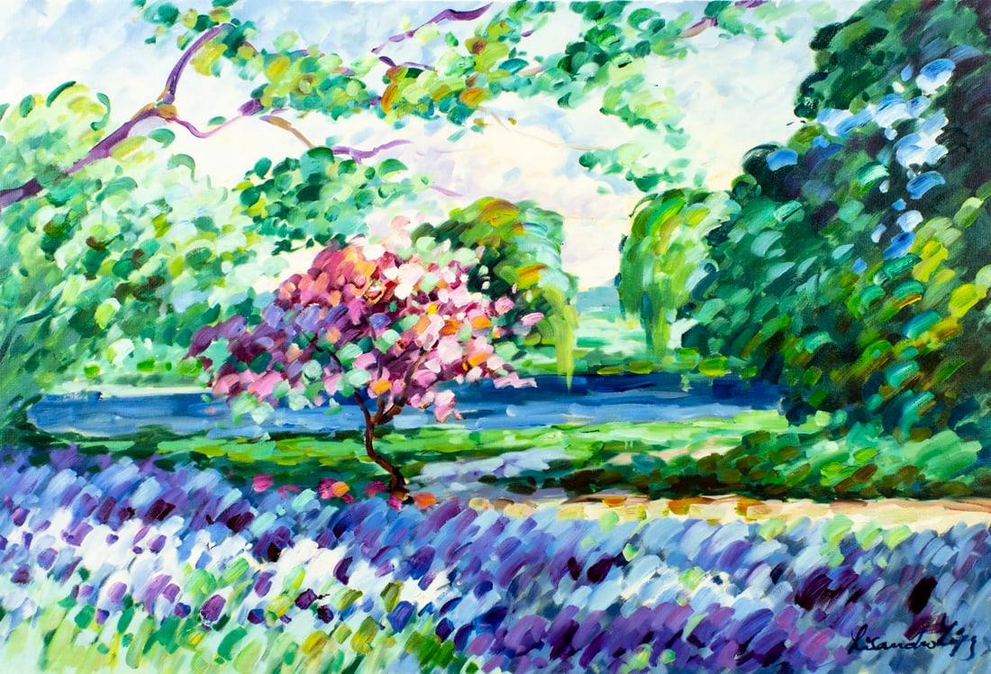 Lisandro Baylon (Argentina,US,1951-?) oil painting: ARTIST: Lisandro Lopez Baylon (Argentinian, American, 1951 - ???) TITLE: Garden Landscape MEDIUM: oil on canvas CONDITION: Unstretched (In-House stretching available). Ver