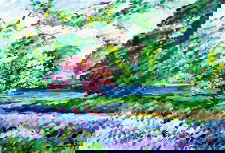 Lisandro Baylon (Argentina,US,1951-?) oil painting: ARTIST: Lisandro Lopez Baylon (Argentinian, American, 1951 - ???) TITLE: Garden Landscape MEDIUM: oil on canvas CONDITION: Unstretched (In-House stretching available). Very good. No visible inpaint