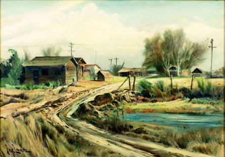 Paul Lauritz (CA,1889-1975) oil painting: ARTIST: Paul Lauritz (California, 1889 - 1975) TITLE: Buildings in a Country Landscape MEDIUM: oil on canvas CONDITION: Few small paint losses. Minor craquelure. No visibl