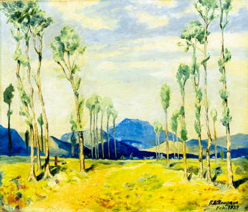 F A Rousseau (US,mid 20C) oil painting antique: ARTIST: F A Rousseau (American, mid 20 century) TITLE: Mountain Landscape YEAR: 1937 MEDIUM: oil on canvas. Canvas applied to board. CONDITION: Some scat