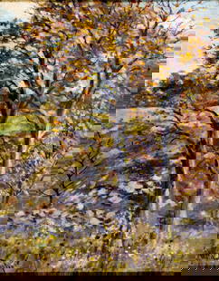 Hugo Melville Fisher (CA,1878-1946) oil painting antique: ARTIST: Hugo Melville Fisher (California, 1878 - 1946) TITLE: Autumn Landscape MEDIUM: oil on canvas CONDITION: Missing a few flakes of paint. Some craquelure. No visible inpaint under UV light.