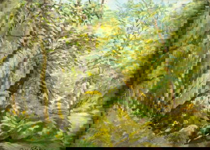 Carl Petersen (Danish,1866-1930) oil painting antique: ARTIST: Carl Petersen (Denmark, 1866 - 1930) TITLE: Forest Landscape MEDIUM: oil on canvas CONDITION: Few minor paint losses along edges. No visible inpaint under UV light. Wear to frame. ART SIZE: