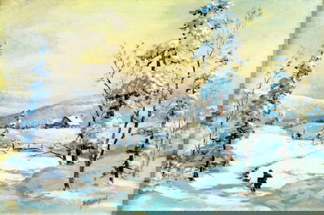 Vintage mid 20C American oil painting signed: ARTIST: - (American, mid 20 century) TITLE: Winter Countryside Landscape MEDIUM: oil on canvas CONDITION: Missing a few flakes of paint. Some craquelure. No visible inpaint under UV light. Some