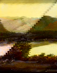 James Burras (UK,1818–1897) oil painting antique: ARTIST: James Burras (United Kingdom, 1818 – 1897) TITLE: Painter at Lakeside MEDIUM: oil on canvas CONDITION: Relined. Some paint losses. Some scattered small inpaintings.