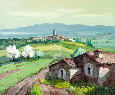 L Santin (Europe,20C) oil painting: ARTIST: L Santin (European, 20 century) TITLE: Village Landscape MEDIUM: oil on canvas CONDITION: Unstretched (In-House stretching available). Some paint losses. Some craque