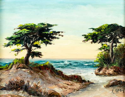 Fred McCoy (CA,20C) oil painting: ARTIST: Fred McCoy (California, 20 century) TITLE: Coastal Landscape MEDIUM: oil on canvas board CONDITION: Missing a few flakes of paint. No visible inpaint under UV light. ART SIZE: 8 x 10 inches