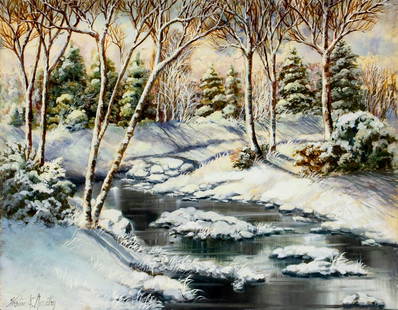 Kristina Nemethy (NY,b 1950) oil painting: ARTIST: Kristina Nemethy (New York, born 1950) TITLE: Winter Stream Landscape MEDIUM: oil on board CONDITION: Few minor paint losses. Some small damages to edges. No visible inpaint under UV light.