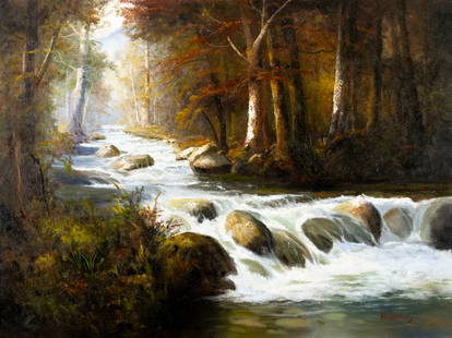 Ron Williams (TN,1947-2016) oil painting: ARTIST: Ron Williams (Tennessee, 1947 - 2016) TITLE: Forest Stream Landscape MEDIUM: oil on canvas CONDITION: Few minor scratches. No visible inpaint under UV light. Normal wear along edges. ART