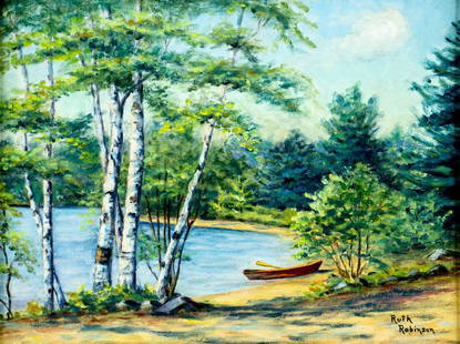 Ruth Robinson (US,mid 20C) oil painting: ARTIST: Ruth Robinson (American, mid 20 century) TITLE: Forest Lake Landscape MEDIUM: oil on canvas board CONDITION: Minor scratches/paint losses in the upper right quadrant