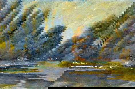 George Conroy (NY,1870-1944) oil painting antique: ARTIST: George T Conroy (New York, 1870 - 1944) TITLE: Landscape MEDIUM: oil on canvas CONDITION: One small patch. Some scratches/paint losses. Minor craquelure. No visibl