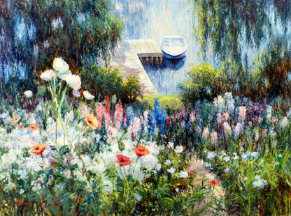 Sang M Lee (South Korea,US,b 1949) oil painting: ARTIST: Sang M Lee (South Korean, American, born 1949) TITLE: Coastal Landscape with Boat MEDIUM: oil on canvas CONDITION: Unstretched (In-House stretching available). Overa