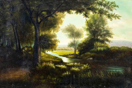Antique early 20C American oil painting: ARTIST: - (American, early 20 century) TITLE: Stream Landscape MEDIUM: oil on canvas CONDITION: Missing a few flakes of paint. One small inpainting by the lower edge 1" x 2" long. ART SIZE: 16 x 24