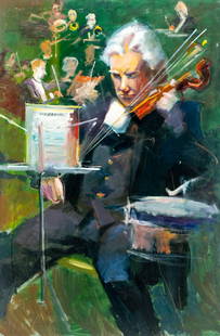 John Reilly (NY,NJ,1942-2021) oil painting: ARTIST: John Reilly (New York, New Jersey, 1942 - 2021) TITLE: Violonist MEDIUM: oil on board CONDITION: Some small damages to corners. Some scratches/paint losses mostly in the lower right
