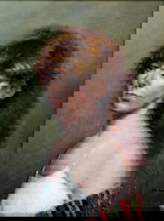 Rozene (US,mid 20C) oil painting: ARTIST: Rozene (American, mid 20 century) TITLE: Portrait of Woman MEDIUM: oil on canvas CONDITION: One small scratch/paint loss by the lower edge. No visible inpaint under