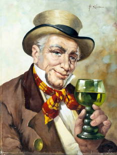 Hans Kerber (Austria,1920-?) oil painting: ARTIST: Hans Kerber (Austrian, 1920 - ???) TITLE: Man Drinking Wine MEDIUM: oil on canvas CONDITION: Unstretched (In-House stretching available). Few small scratches/paint