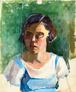 Elizabeth Jewell (WA,MA,1874-1956) oil painting: ARTIST: Elizabeth Galbraith McIntyre Jewell (Washington, Massachusetts, 1874 - 1956) NAME: Portrait of Woman MEDIUM: oil on canvas CONDITION: Restretched. Some paint losses. No visible inpai