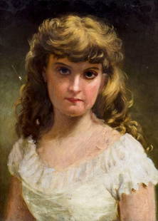 Horace Burdick (MA,RI,CT,1844-1942) oil painting: ARTIST: Horace Robbins Burdick (Massachusetts, Rhode Island, Connecticut, 1844 - 1942) NAME: Portrait of Woman MEDIUM: oil on board CONDITION: Few small scrathes/paint losses. Minor craquelure. No
