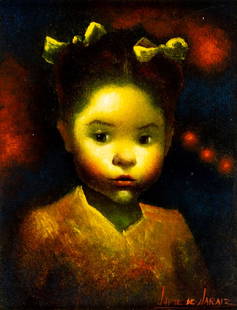 Jamie Jaraiz (Spain,1934-2007) oil painting: ARTIST: Jamie Jaraiz (Spanish, 1934 - 2007) TITLE: Portrait of Girl MEDIUM: oil on canvas CONDITION: Very good. No visible inpaint under UV light. Normal wear to frame.
