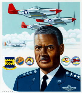 Howard Koslow (NJ,NY,1924-2016) oil painting: ARTIST: Howard Bertram Koslow (New Jersey, New York, 1924 - 2016) TITLE: Greatest American Military Heroes - Benjamin Davis (titled on verso) YEAR: 1985 MEDIUM: oil on board CONDITION: Very good.