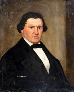 Antique 19C American oil painting: ARTIST: - (American, 19 century) TITLE: Portrait of Man MEDIUM: oil on canvas CONDITION: Relined. Some scratches/paint losses. Some craquelure. Some scattered inpaintings.