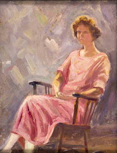 Antique early 20C American oil painting signed: ARTIST: - (American, early 20 century) TITLE: Portrait of Seated Woman MEDIUM: oil on board CONDITION: Minor scratches/paint losses. No visible inpaint under UV light. Nor