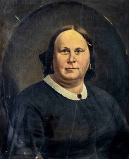 Antique early 20C American oil painting: ARTIST: - (American, early 20 century) TITLE: Portrait of Woman MEDIUM: oil on canvas CONDITION: Two patches. Some paint losses. Some scattered inpaintings. ART