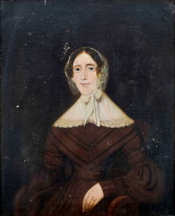 Antique mid 19C American oil painting: ARTIST: - (American, mid 19 century) TITLE: Portrait of Anne Cummings YEAR: 1844 MEDIUM: oil on canvas CONDITION: Relined. Some flaking/paint losses. S