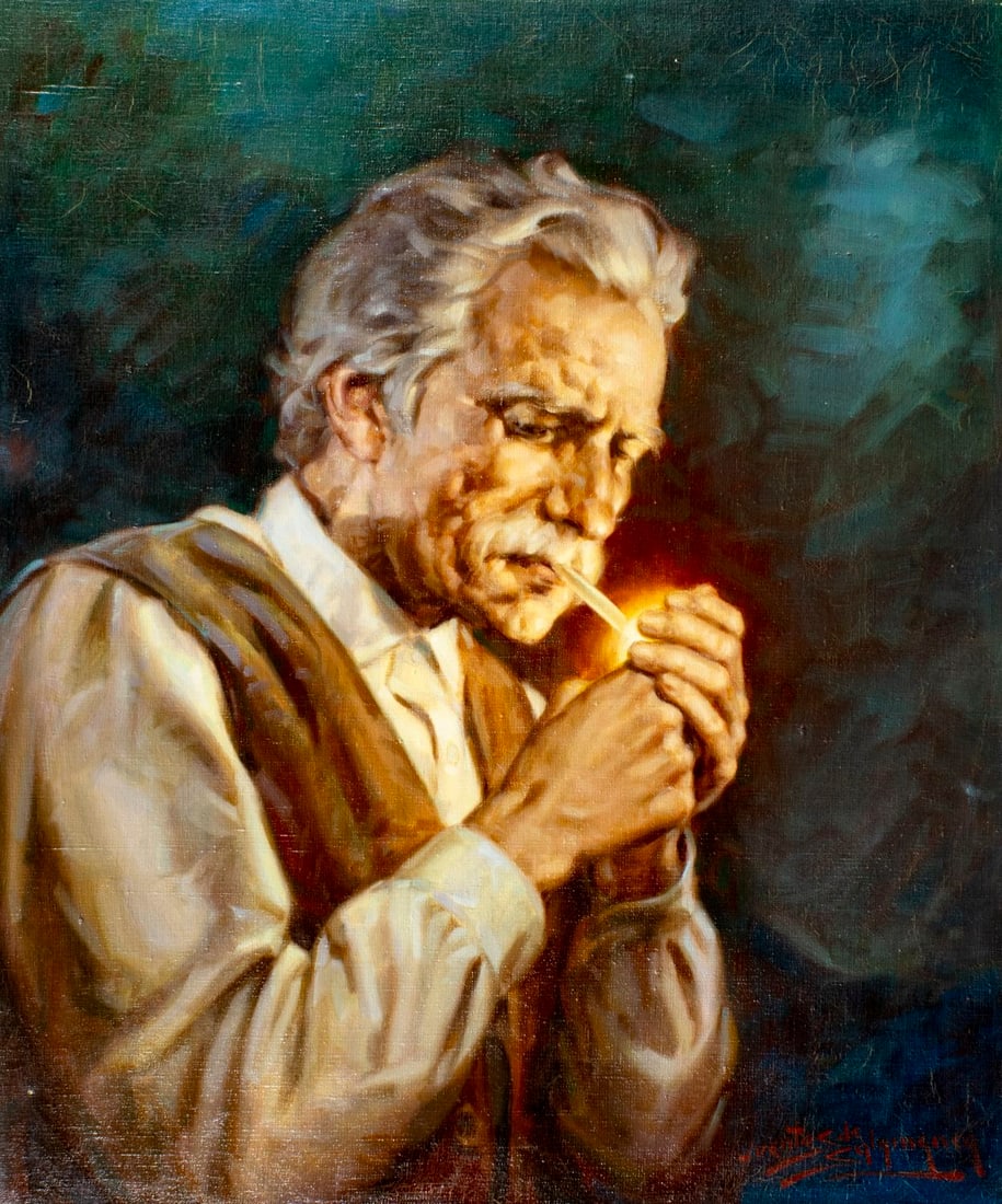 Signed Oil Painting Of Bavarian Man Smoking Pipe