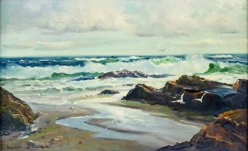 Frank Zuccarelli (NJ,PA,1921-2012) oil painting: ARTIST: Frank Edward Zuccarelli (New Jersey, Pennsylvania, 1921 - 2012) TITLE: Seascape - Sea Gulls Play YEAR: circa 1968 MEDIUM: oil on board CONDITION:
