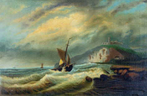 Antique 19C European oil painting: ARTIST: - (Europe, 19 century) TITLE: Stormy Seascape with Fishing Boat MEDIUM: oil on canvas CONDITION: Few patches. Few minor paint losses. Very minor craquelure. Some s