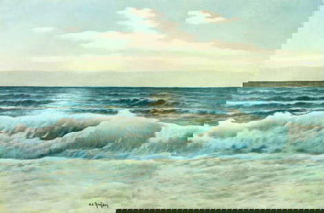 Edouard Mandon (France,1885-1977) oil painting: ARTIST: Edouard Mandon (French, 1885 - 1977) TITLE: Seascape MEDIUM: oil on canvas CONDITION: Unstretched (In-House stretching available). Some craquelure. Some scattered