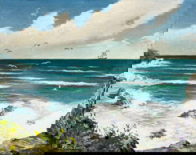 Frank C Von Hausen (FL,ME,mid 20C) oil painting: ARTIST: Frank C Von Hausen (Florida, Maine, mid 20 century) TITLE: Seascape with Sailing Boat YEAR: 1963 MEDIUM: oil on canvas CONDITION: One puncture. T