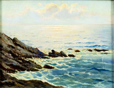 Antique early 20C American oil painting: ARTIST: - (American, early 20 century) TITLE: Seascape MEDIUM: oil on canvas CONDITION: Few small scratches/paint losses. Minor craquelure. No visible inpaint under UV lig