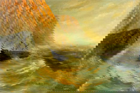 Jacob Parker (Europe,20C) oil painting: ARTIST: Jacob Parker (European, 20 century) TITLE: Coastal Landscape with Ship MEDIUM: oil on canvas CONDITION: Unstretched (In-House stretching available). Few minor paint losses. Some craquelure.
