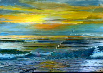 Viktor Ilyushkin (Russia,b 1946) oil painting: ARTIST: Viktor Nikolayevich Ilyushkin (Russian, born 1946) TITLE: Sunset Seascape (titled on verso) YEAR: 2021 MEDIUM: oil on canvas CONDITION: Unstretched (In-House stretching available). Few minor