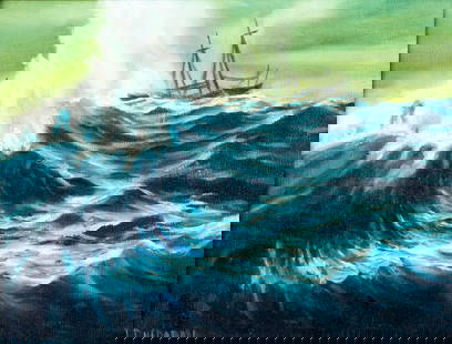 J Ducharme (US,20C) oil painting: ARTIST: J Ducharme (American, 20 century) TITLE: Ship on High Seas MEDIUM: oil on canvas CONDITION: Very good. No visible inpaint under UV light. Wear to frame. A