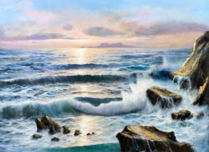 Remo Aldini (Italy,1943-?) oil painting: ARTIST: Remo Aldini (Italian, 1943 - ???) TITLE: Sunset Seascape MEDIUM: oil on canvas CONDITION: Unstretched (In-House stretching available). Few minor paint losses. No visible inpaint under UV