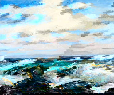 George Holloway (NJ,20C) oil painting: ARTIST: George Holloway (New Jersey, 20 century) TITLE: Seascape MEDIUM: oil on board CONDITION: Very good. No visible inpaint under UV light. ART SIZE: 20 x 24 inches / 50 x 60 cm FRAME SIZE: