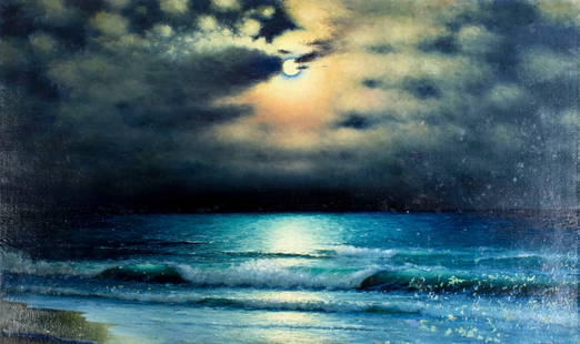 Richard De Ribcowsky (CA,Argentina,1880-1936) oil painting: ARTIST: Richard Dey De Ribcowsky (California, Argentina, Bulgaria, 1880 - 1936) NAME: Moonlight Seascape MEDIUM: oil on canvas CONDITION: Relined. Some flaking mostly in bottom part. Some craquelure.