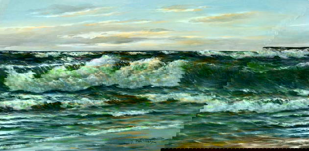 Gerhard Lukas Larsen (German,1911-1965) oil painting: ARTIST: Gerhard Lukas Larsen (Germany, 1911 - 1965) TITLE: Seascape MEDIUM: oil on canvas CONDITION: Unstretched (In-House stretching available). Few minor paint losses. No visible inpaint under UV