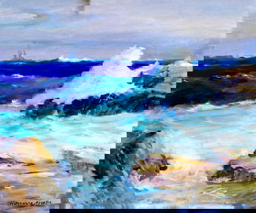 Marion Cirella (MA,20C) oil painting: ARTIST: Marion Cirella (Massachusetts, 20 century) TITLE: Rocky Coast MEDIUM: oil on canvas CONDITION: Minor paint losses. Some craquelure. No visible inpaint under UV light. ART SIZE: 20 x 24 inches