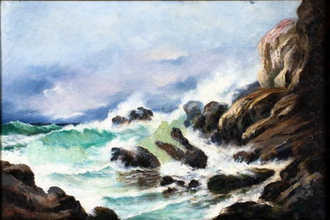 F E Parlow (US,mid 20C) oil painting antique: ARTIST: F E Parlow (American, mid 20 century) TITLE: Rocky Coast YEAR: 1938 MEDIUM: oil on canvas CONDITION: Three inpainted areas (biggest 5" x 2" long)