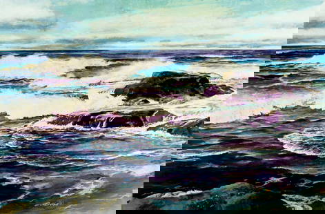 Ren Wicks (CA,1911-1997) gouache painting: ARTIST: Ren Wicks (California, 1911 - c.1997) NAME: Seascape MEDIUM: gouache on board CONDITION: Few scratches. Minor flaking. Minor craquelure. SIGHT SIZE: 24 x 36 inches / 60 x 91 cm FRAME SIZE: