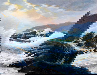 George Holloway (NJ,20C) oil painting: ARTIST: George Holloway (New Jersey, 20 century) TITLE: Sunset Seascape MEDIUM: oil on canvas CONDITION: Scratch along left edge. No visible inpaint under UV light. ART SIZE: 30 x 40 inches / 76 x
