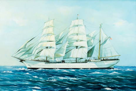 Dean Percy (US,20C) oil painting: ARTIST: Dean Percy (American, 20 century) NAME: Sail Ship MEDIUM: oil on canvas CONDITION: One small paint loss. No visible inpaint under UV light. SIGHT SIZE: 24 x 36 inches / 60 x 91 cm FRAME SIZE: