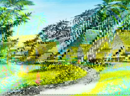George Sottung (IL,1927-1999) oil painting: ARTIST: George Sottung (Illinois, 1927 - 1999) TITLE: Tourism Kapingamarangi Village, Micronesia (titled on verso) YEAR: 1993 MEDIUM: oil on board CONDITION: Overall good. Minor craquelure. ART