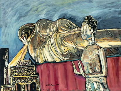 Evelyn Metzger (NY,Brazil,1911-2007) oil painting: ARTIST: Evelyn Borchard Metzger (New York, Brazilian, 1911 - 2007) TITLE: Reclining Buddha, Thailand (titled on verso) YEAR: 1996 MEDIUM: oil on board CONDITION: Overall good. No visible inpaint