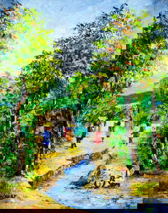 Dava Rouzicy (Haiti,20C) oil painting: ARTIST: Dava Rouzicy (Haitian, 20 century) TITLE: Haitian Village Scene MEDIUM: oil on canvas CONDITION: Very good. No visible inpaint under UV light. ART SIZE: 10 x 8 inches / 25 x 20 cm FRAME