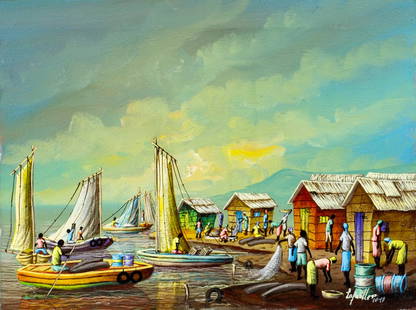 Raymond Lafaille (Haiti,b 1956) oil painting: ARTIST: Raymond Lafaille (Haitian, born 1956) TITLE: Haitian Harbor Scene MEDIUM: oil on canvas CONDITION: One small scratch. No visible inpaint under UV light. ART SIZE: 12 x 16 inches / 30 x 40 cm